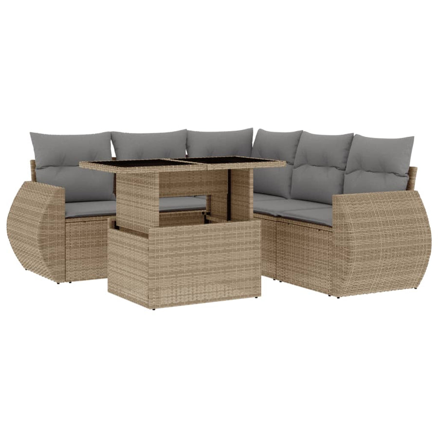 6-delige Loungeset met kussens poly rattan beige
