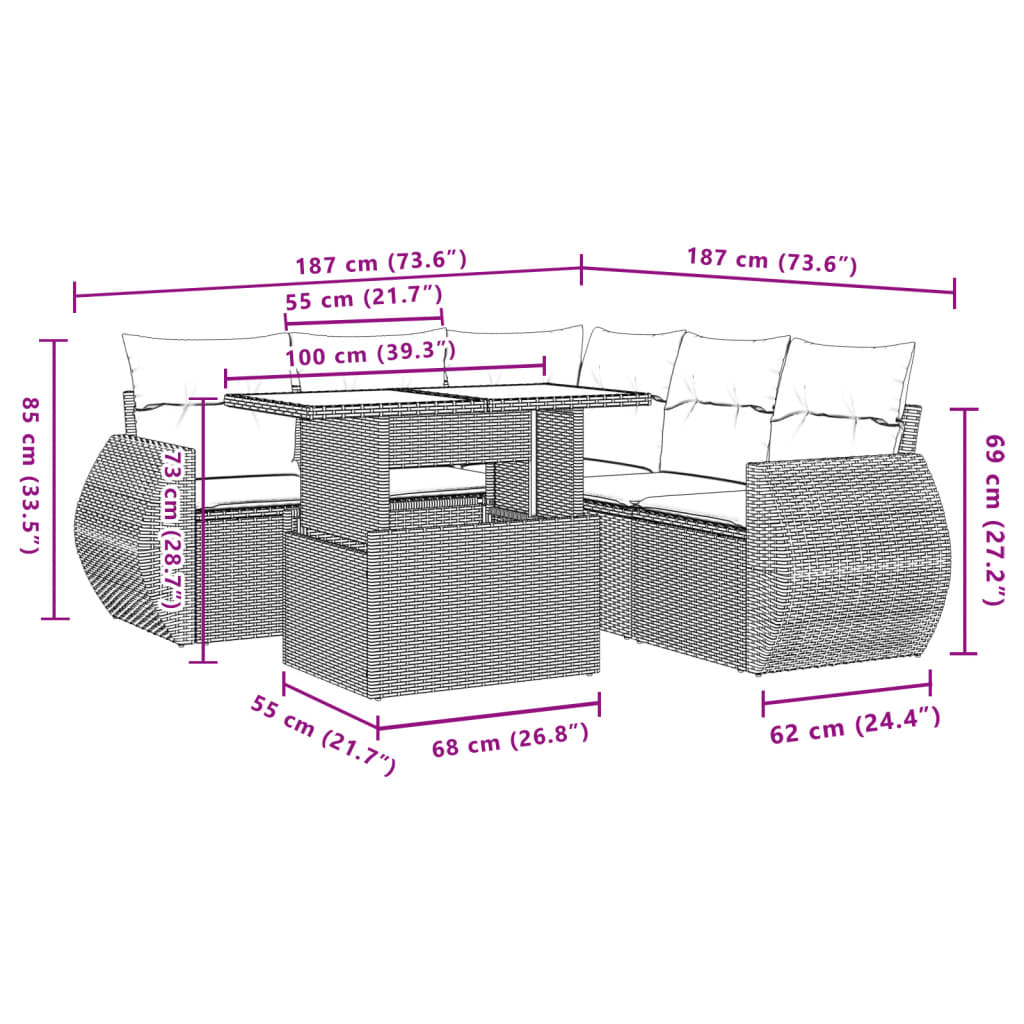6-delige Loungeset met kussens poly rattan beige