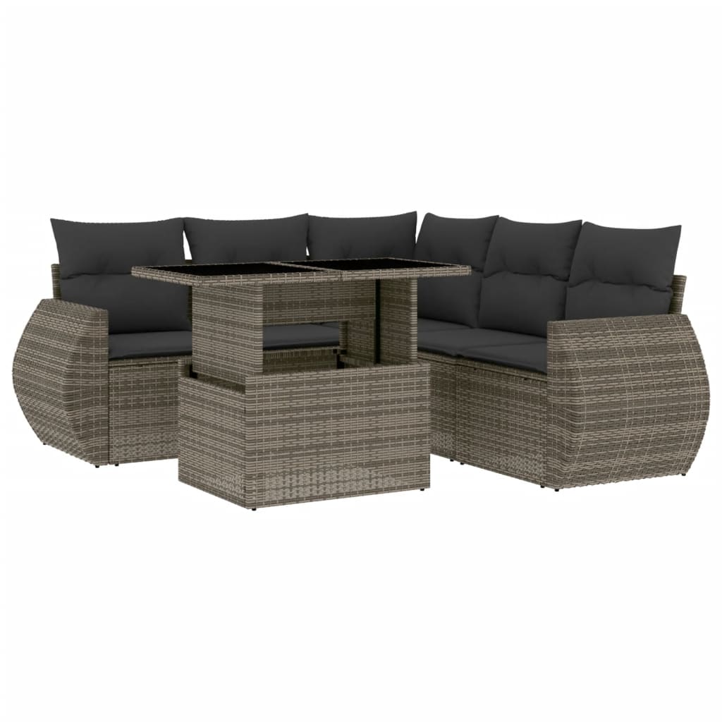 6-delige Loungeset met kussens poly rattan grijs
