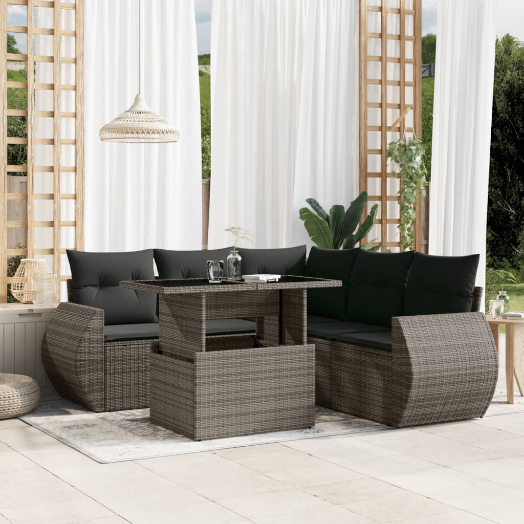 6-delige Loungeset met kussens poly rattan grijs