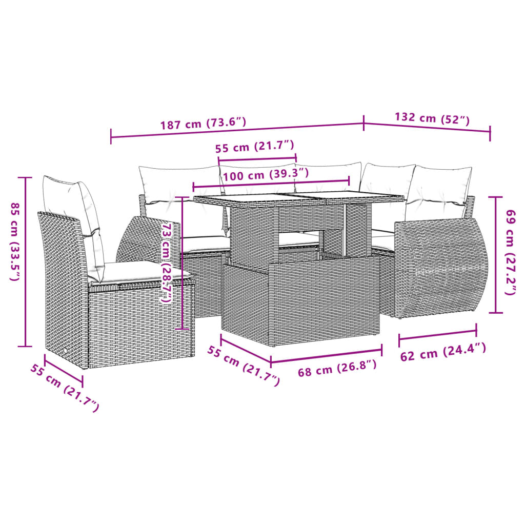 6-delige Loungeset met kussens poly rattan zwart