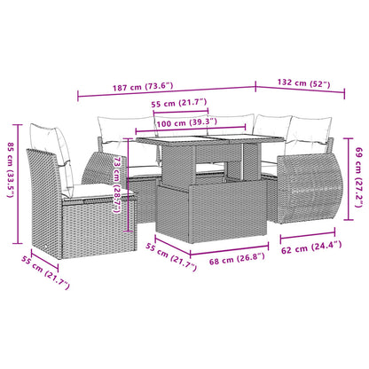 6-delige Loungeset met kussens poly rattan zwart