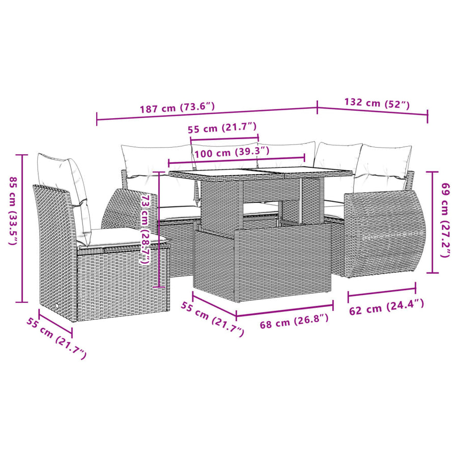 6-delige Loungeset met kussens poly rattan zwart