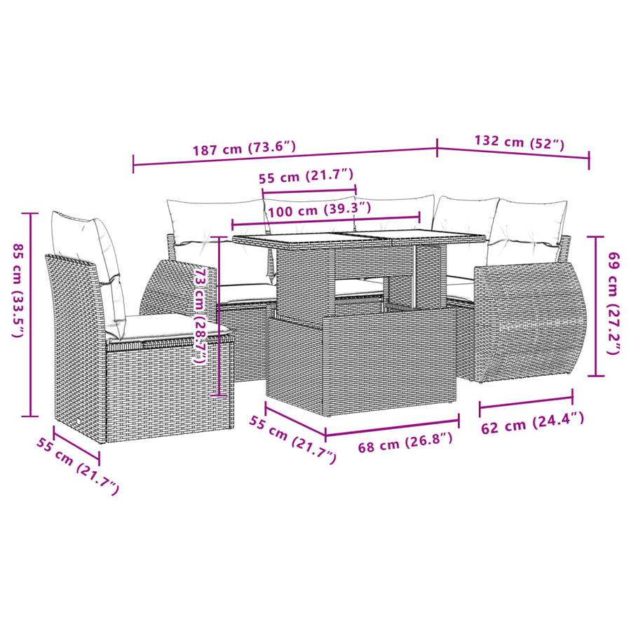 6-delige Loungeset met kussens poly rattan zwart