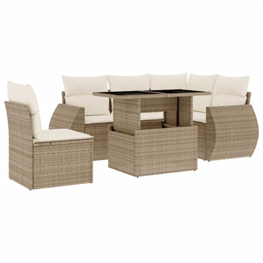 6-delige Loungeset met kussens poly rattan beige
