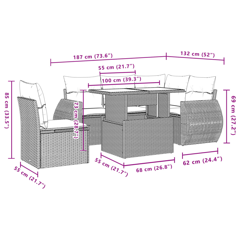 6-delige Loungeset met kussens poly rattan beige