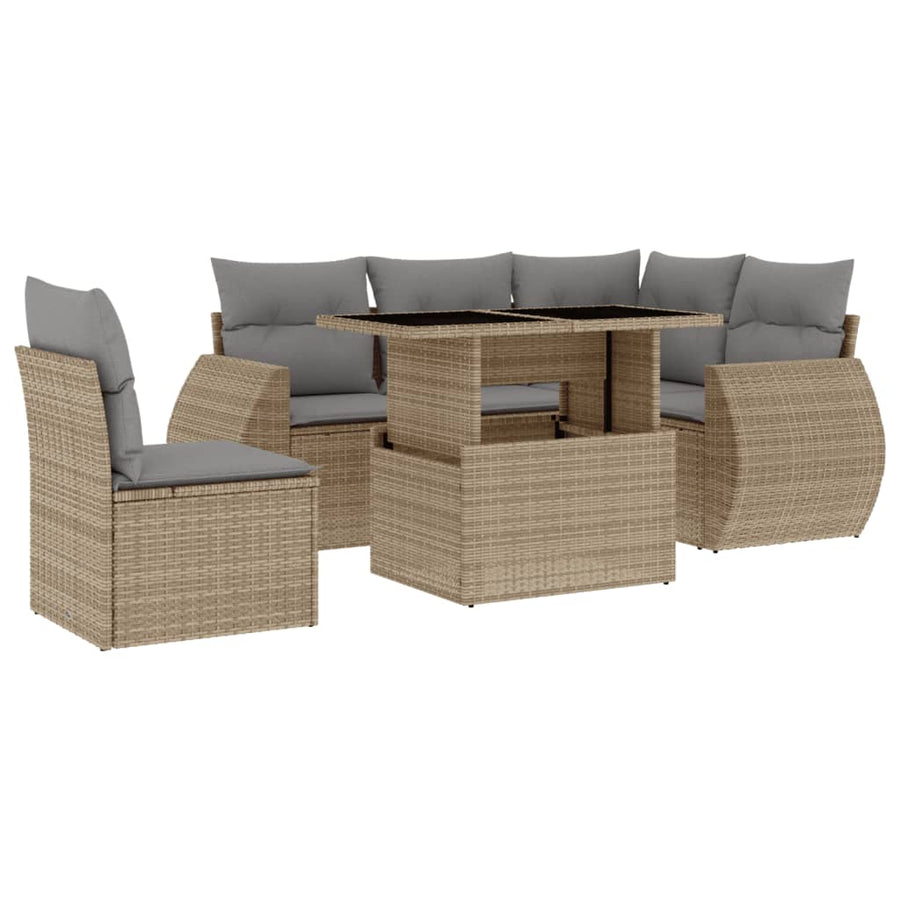 6-delige Loungeset met kussens poly rattan beige
