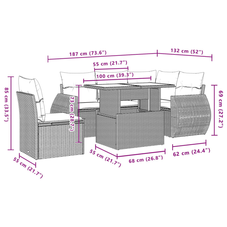 6-delige Loungeset met kussens poly rattan lichtgrijs