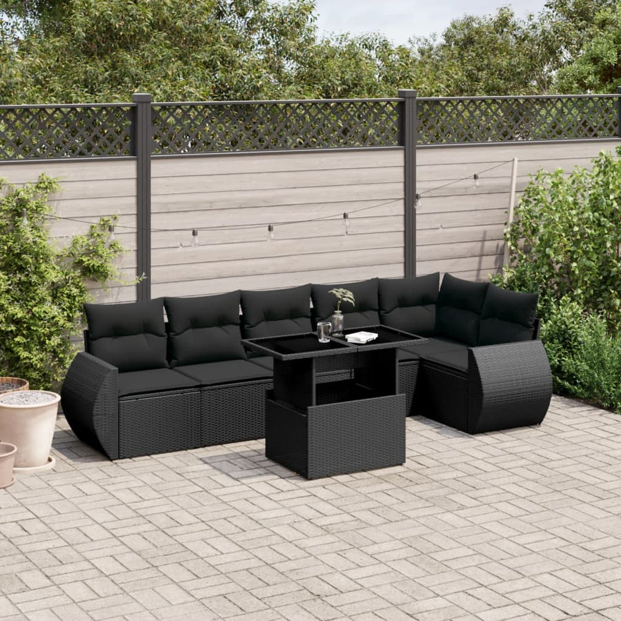 7-delige Loungeset met kussens poly rattan zwart