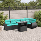 7-piece garden sofa set with cushions in black poly rattan