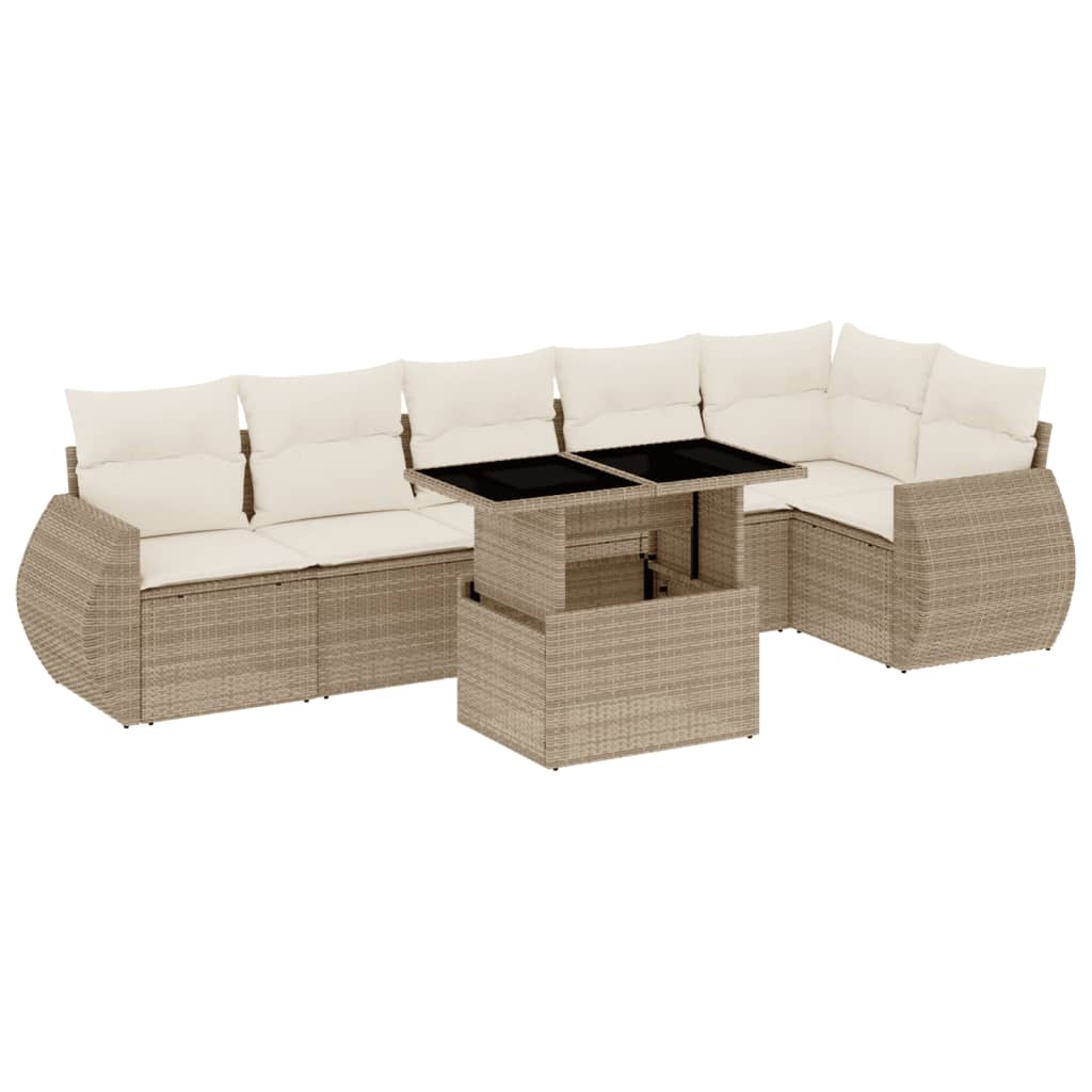 7-delige Loungeset met kussens poly rattan beige