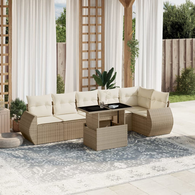 7-delige Loungeset met kussens poly rattan beige