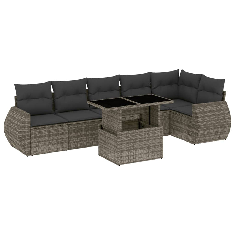 7-delige Loungeset met kussens poly rattan grijs