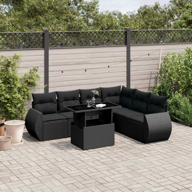 7-delige Loungeset met kussens poly rattan zwart