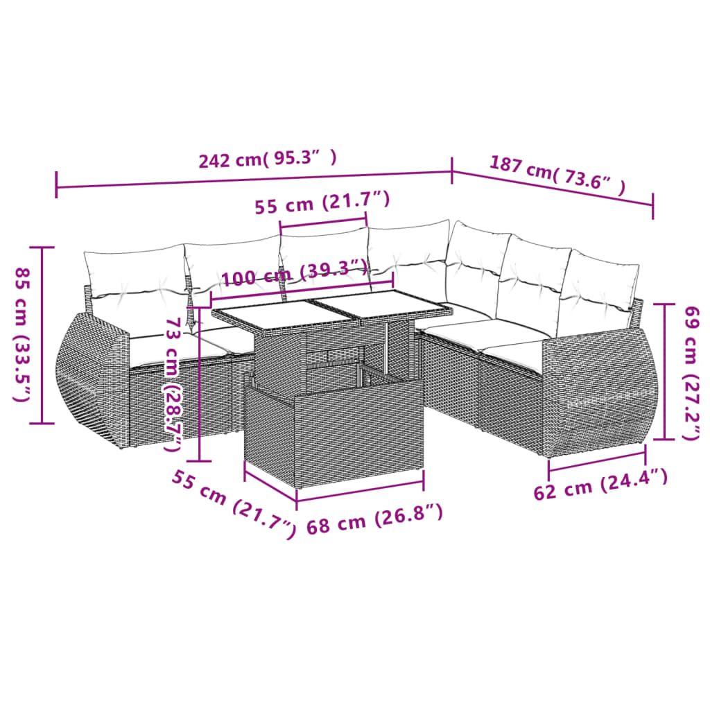 7-delige Loungeset met kussens poly rattan zwart