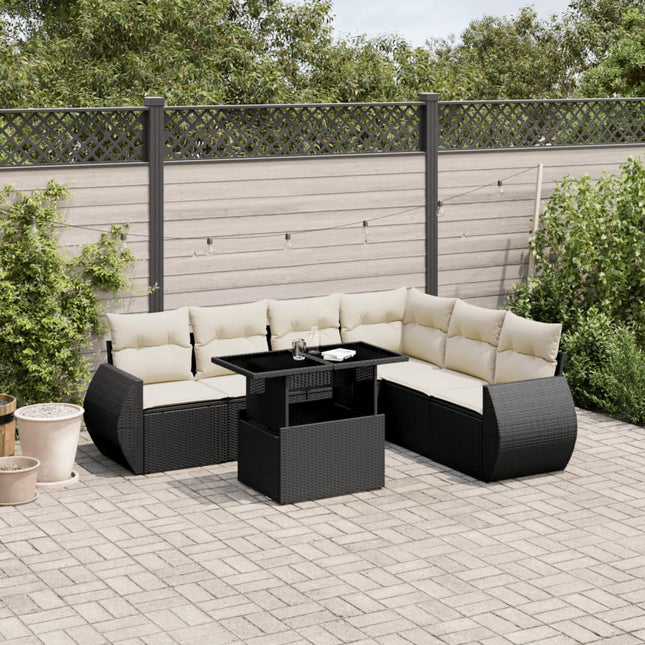 7-delige Loungeset met kussens poly rattan zwart