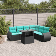 7-piece garden sofa set with cushions in black poly rattan