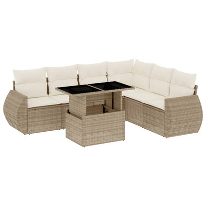 7-delige Loungeset met kussens poly rattan beige