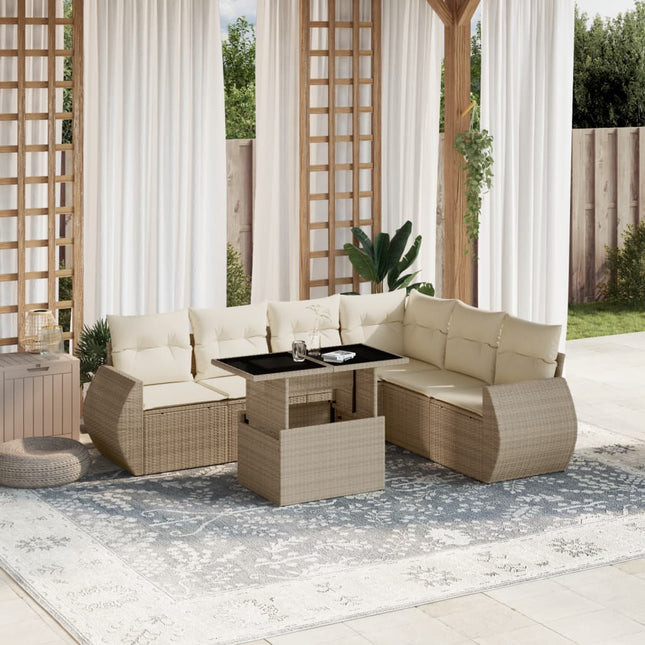 7-delige Loungeset met kussens poly rattan beige