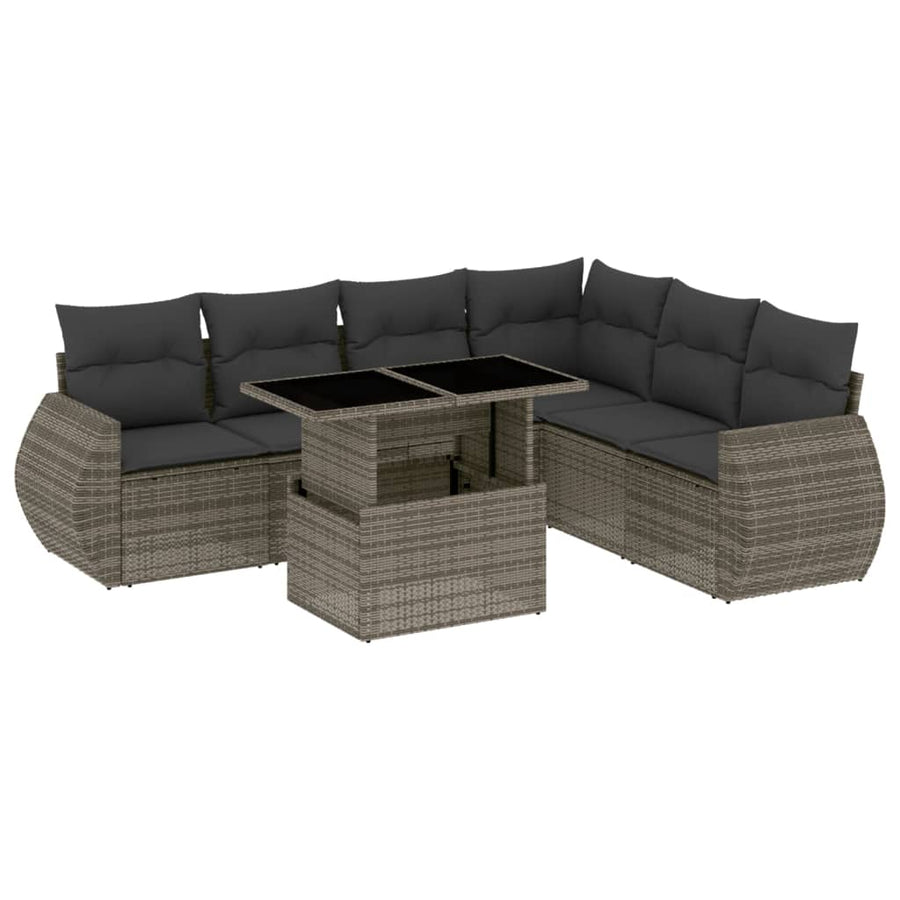 7-delige Loungeset met kussens poly rattan grijs