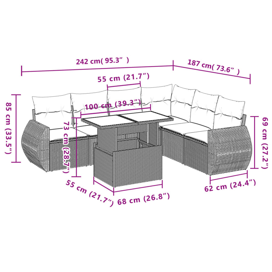 7-delige Loungeset met kussens poly rattan grijs