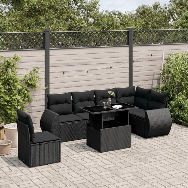 7-delige Loungeset met kussens poly rattan zwart