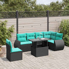 7-piece garden sofa set with cushions in black poly rattan