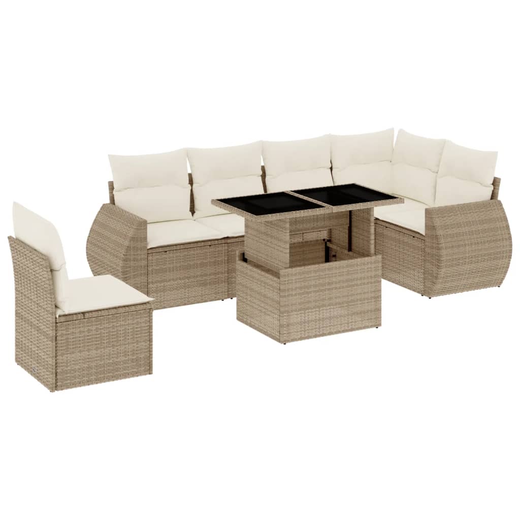 7-delige Loungeset met kussens poly rattan beige
