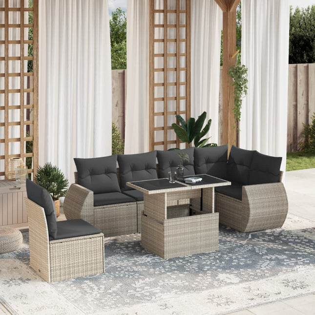 7-delige Loungeset met kussens poly rattan lichtgrijs