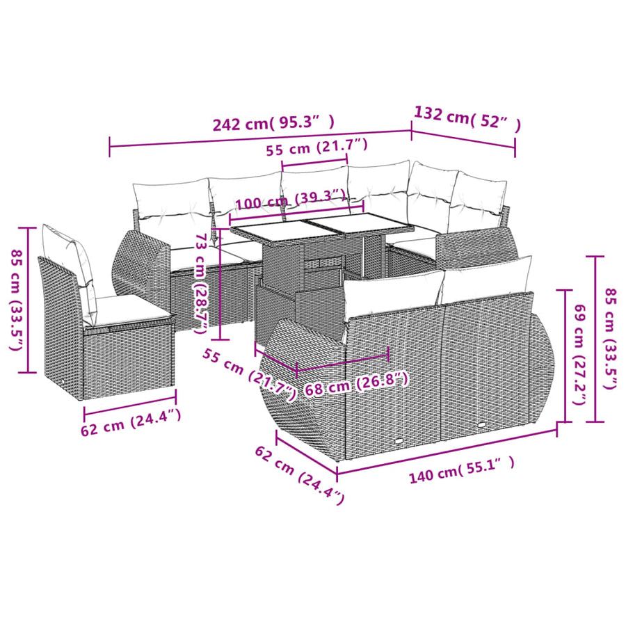 9-delige Loungeset met kussens poly rattan zwart