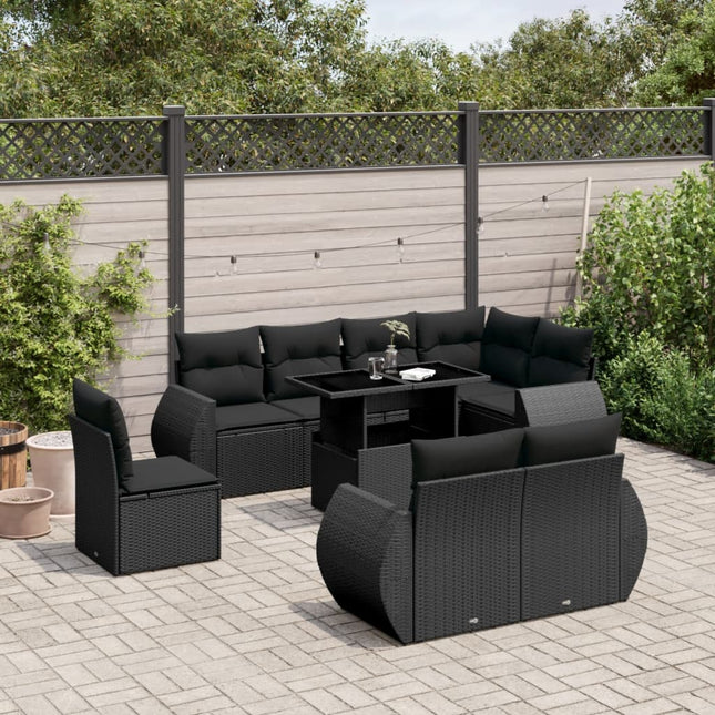 9-delige Loungeset met kussens poly rattan zwart