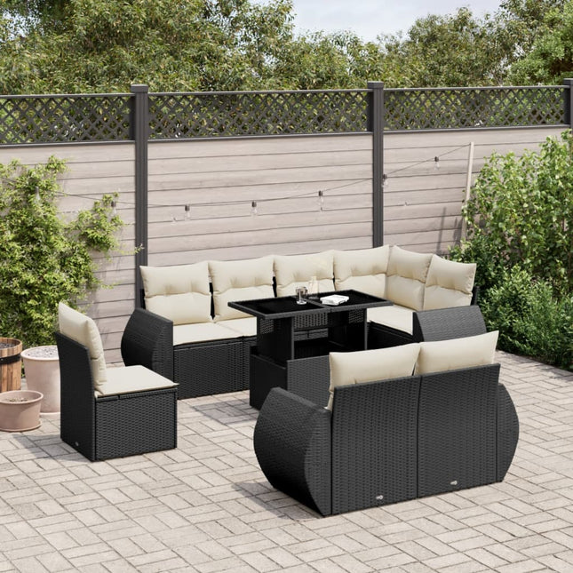 9-delige Loungeset met kussens poly rattan zwart