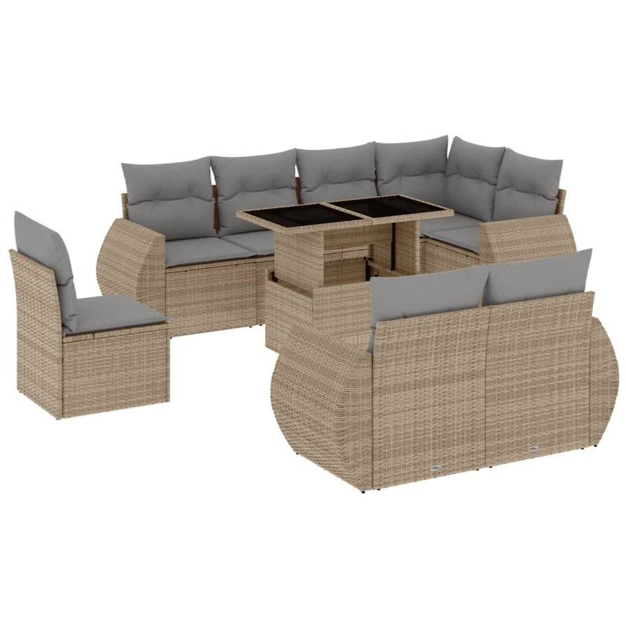 9-delige Loungeset met kussens poly rattan beige