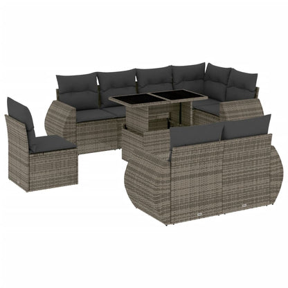 9-delige Loungeset met kussens poly rattan grijs