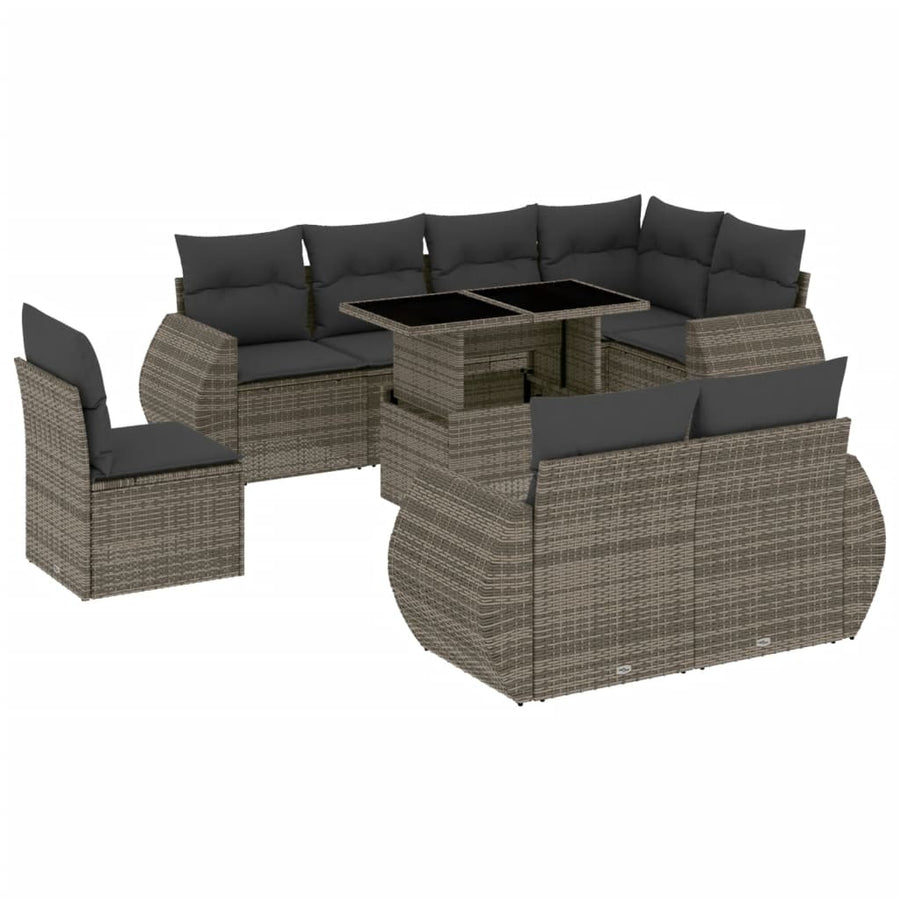 9-delige Loungeset met kussens poly rattan grijs