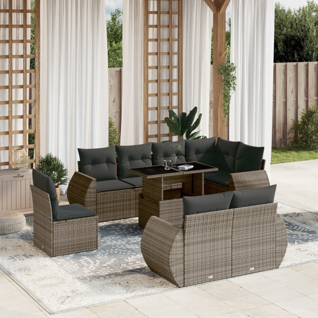 9-delige Loungeset met kussens poly rattan grijs