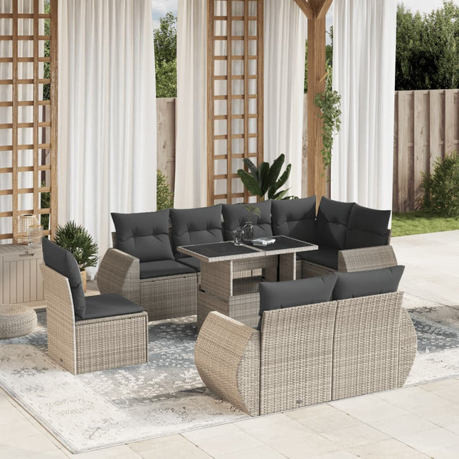 9-delige Loungeset met kussens poly rattan lichtgrijs