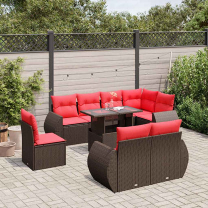 9-delige tuinbankset met kussens, bruin polyrotan
