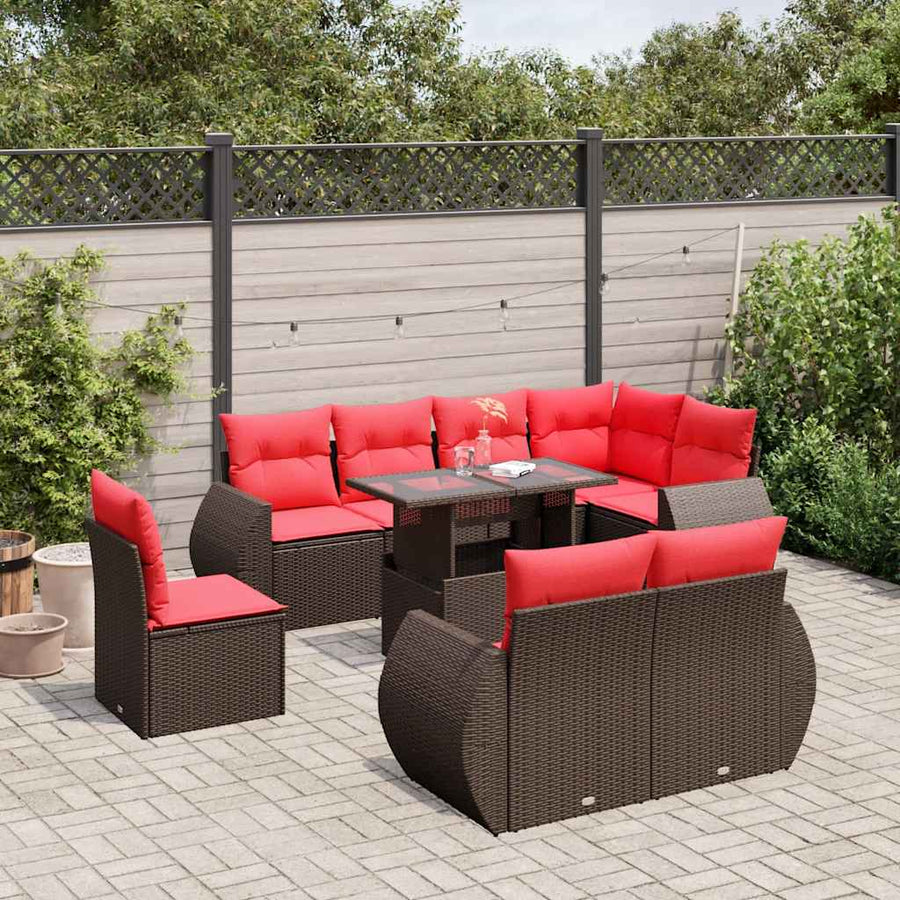 9-delige tuinbankset met kussens, bruin polyrotan