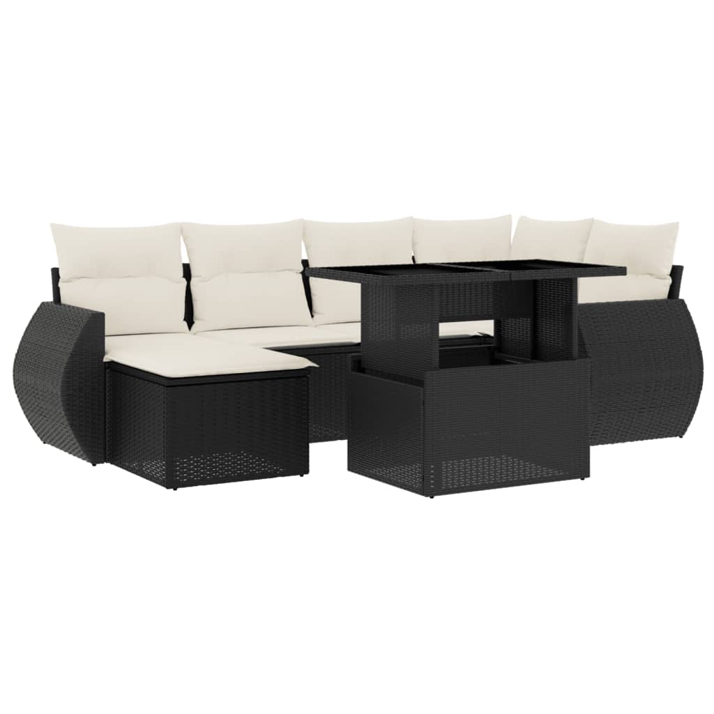 7-delige Loungeset met kussens poly rattan zwart