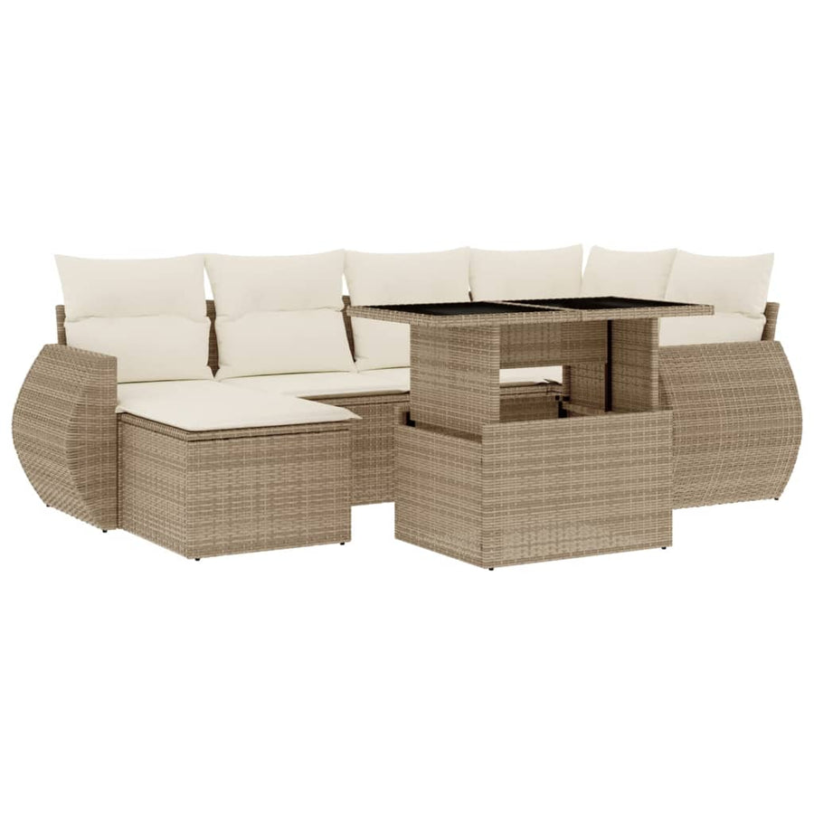 7-delige Loungeset met kussens poly rattan beige
