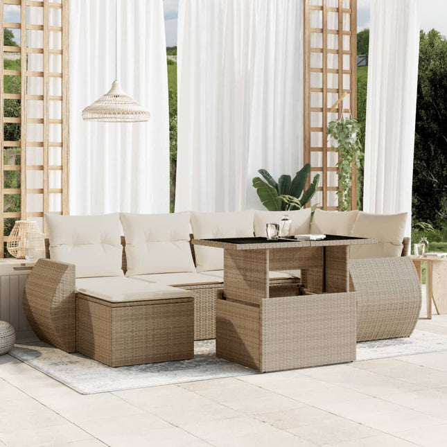 7-delige Loungeset met kussens poly rattan beige