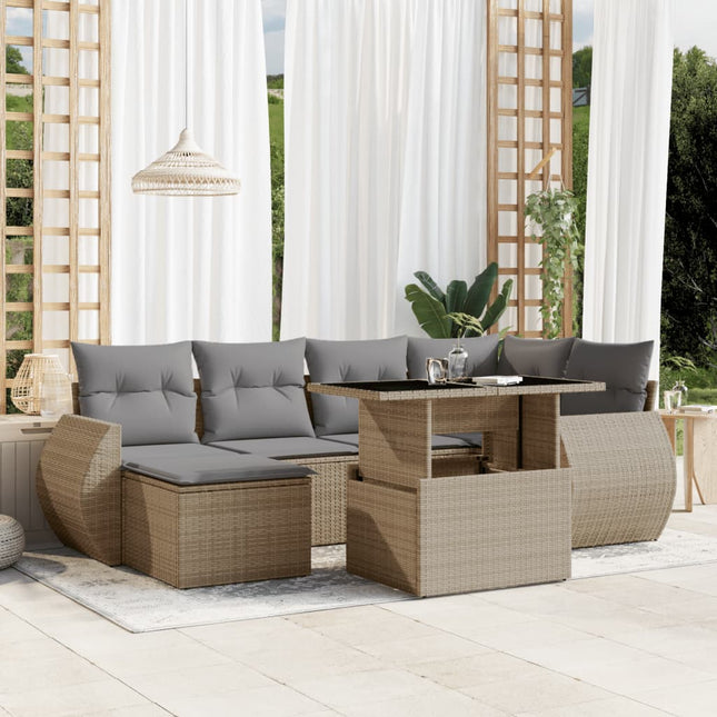 7-delige Loungeset met kussens poly rattan beige