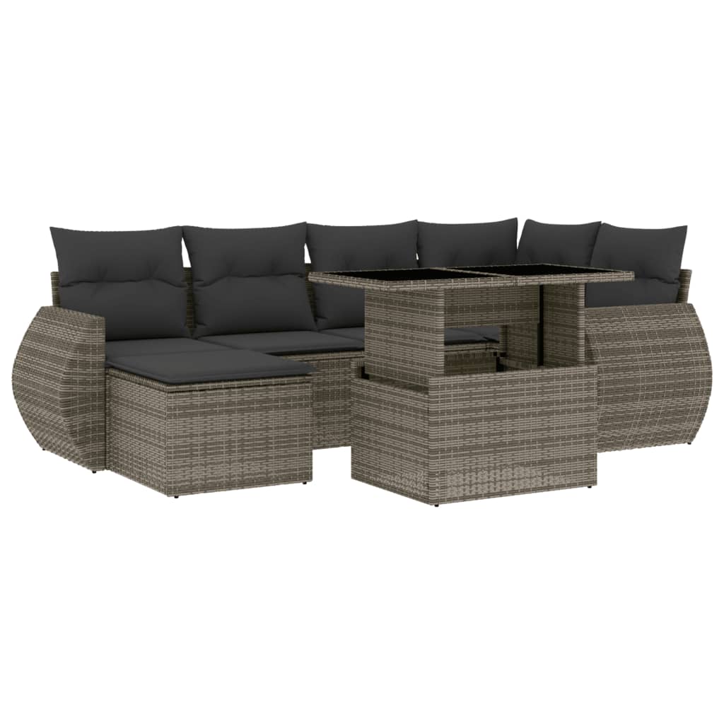 7-delige Loungeset met kussens poly rattan grijs