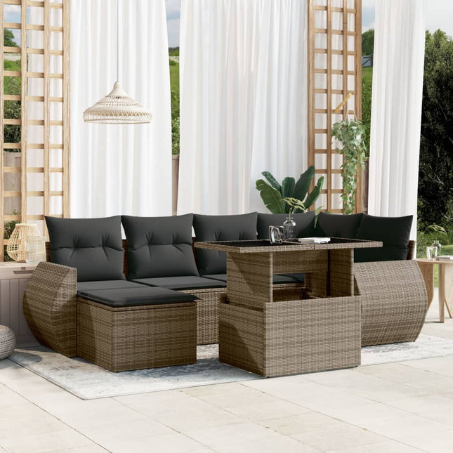 7-delige Loungeset met kussens poly rattan grijs