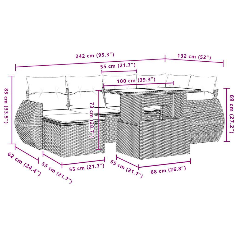 7-delige tuinbankset met kussens, grijs polyrotan