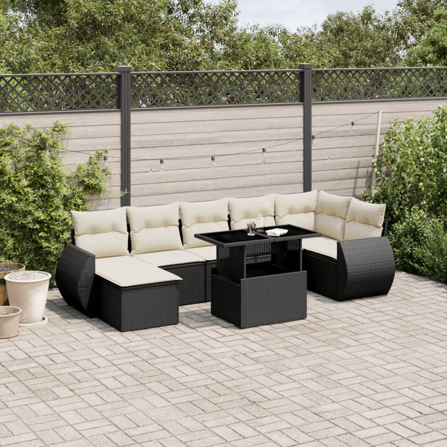 8-delige Loungeset met kussens poly rattan zwart