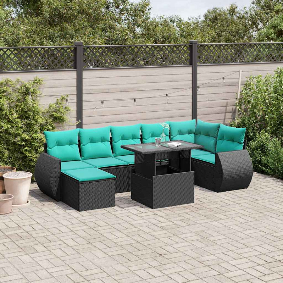 8-delige tuinbankset met kussens, zwart polyrotan