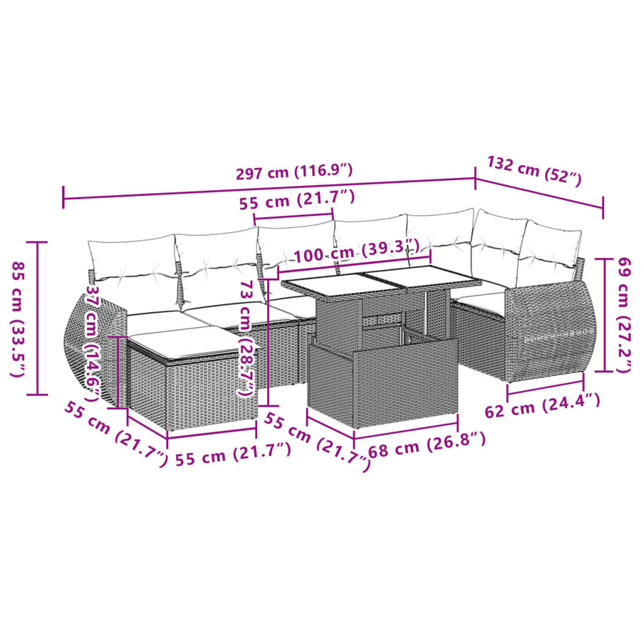 8-delige Loungeset met kussens poly rattan beige