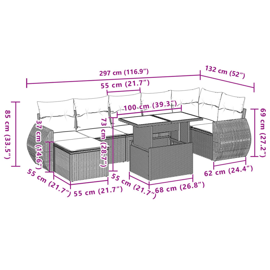 8-delige Loungeset met kussens poly rattan grijs